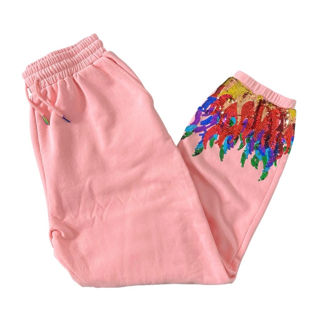 Queen of Sparkles Pink Sequin Rainbow Flame Sweatpants Joggers Large Womens - Picture 12 of 16